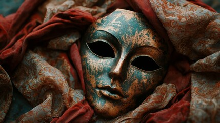 Antique theatrical mask with golden textures and dramatic lighting for concept art history and surreal portrait visuals