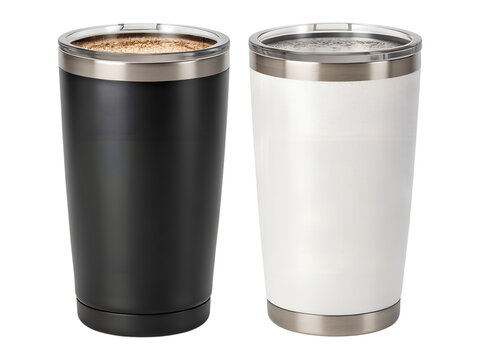 Two sleek insulated tumblers, one black and one white, stand side by side on a transparent background. This isolated png features drinkware items.