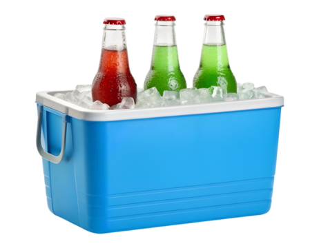 This transparent isolated png shows three cold colorful drink bottles, red and green, submerged in ice within a blue cooler. - Powered by Adobe