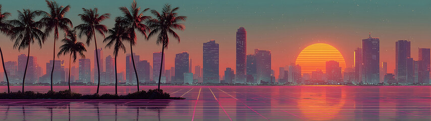 Retro Synthwave Cityscape Sunset Banner