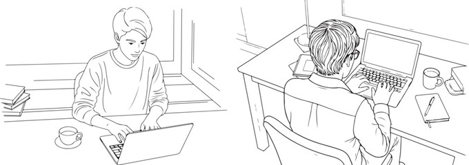 Black and white line art illustration of a band performing on stage