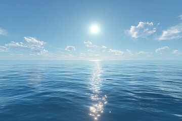 Calm ocean, bright sun, and fluffy clouds