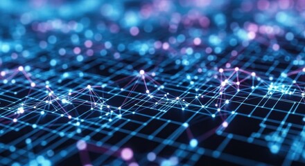 Obraz premium Connected network grid with blue/pink light nodes and glowing lines, dark background