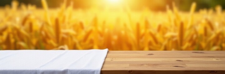 Empty wooden table, white tablecloth, blurred golden wheat field , nature, countryside, blur