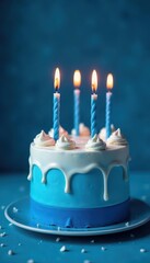 Blue ombre cake, lit candles, blue background, chocolate, background, tone