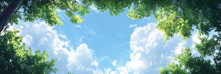 Lush greenery frames a vibrant blue sky dotted with fluffy white clouds