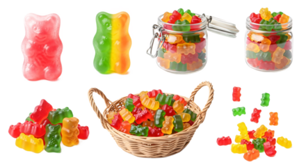 A vibrant collection of colorful gummy bears and jelly candies in various arrangements and containers isolated on transparent background