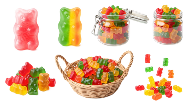 A vibrant collection of colorful gummy bears and jelly candies in various arrangements and containers isolated on transparent background