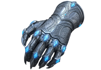 Futuristic robotic hand with illuminated symbols and intricate design details emphasizing advanced