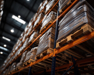 Warehouse Racks with Inventory: A low-angle shot reveals a comprehensive storage setup, with rows of packaged goods neatly arranged on industrial shelving, portraying order, logistics.