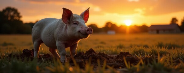 Mud-caked pig basks in sunset's glow, tranquil farm setting , tranquil, piglet, pig in mud
