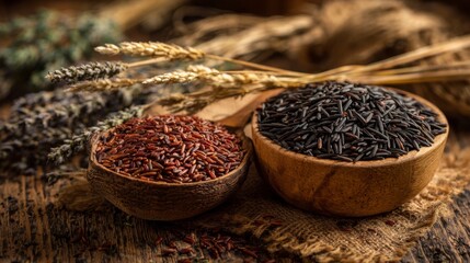 Ancient grain and black rice with dried herbs in background