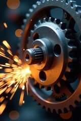 Close-up spinning gears, sparks fly, bokeh background , vibrant, dark, power