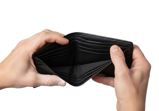 Person holding an empty black leather wallet open in their hands showing no money inside isolated on transparent background - Powered by Adobe