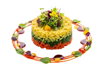 Gourmet layered vegetable rice dish with creative plating and vibrant garnishes on black background