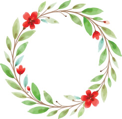 Fototapeta premium Watercolor floral wreath with red flowers and green leaves illustration