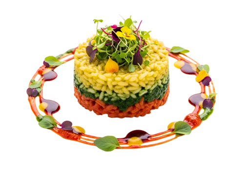 Gourmet layered vegetable rice dish with creative plating and vibrant garnishes on black background