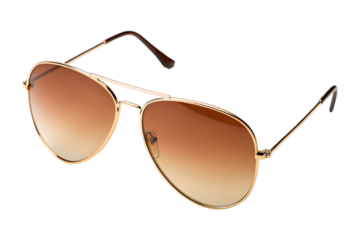 A stylish pair of golden frame aviator sunglasses with brown gradient lenses is displayed isolated on a transparent background, perfect as a png.