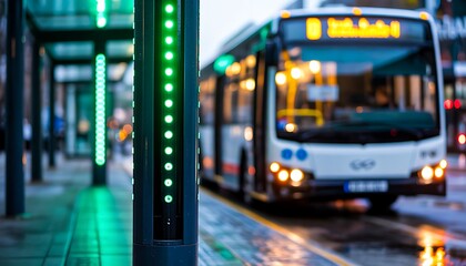 Public city bus arriving at station with green led light signal on rainy street