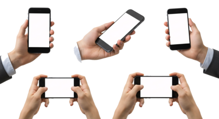 Multiple hands holding smartphones in various orientations displaying blank white screens isolated on transparent background