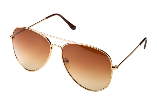 A stylish pair of golden frame aviator sunglasses with brown gradient lenses is displayed isolated on a transparent background, perfect as a png.