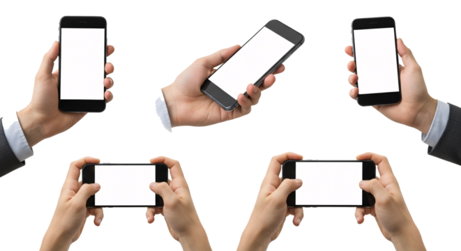Multiple hands holding smartphones in various orientations displaying blank white screens isolated on transparent background
