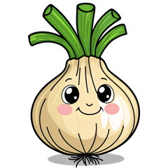 Cute cartoon onion character with vibrant green sprout happily smiling against a bright backdrop in a whimsical artistic style