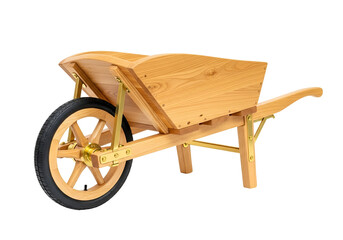 Handcrafted wooden wheelbarrow with a sturdy design and natural wood finish for gardening and