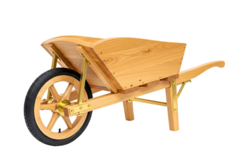 Handcrafted wooden wheelbarrow with a sturdy design and natural wood finish for gardening and
