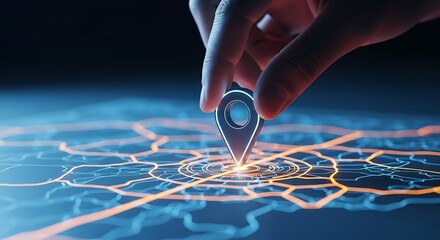 A closeup of a finger placing a gps pin on a glowing digital map, representing location services and global connectivity