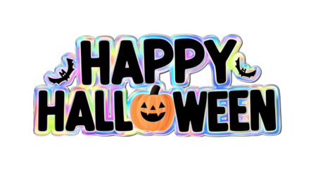 Happy halloween holographic sticker with pumpkin face and flying bats isolated on transparent background. 