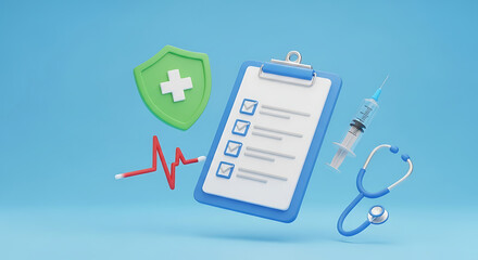 3d illustration of medical icons including a clipboard with checklist, stethoscope, syringe, heartbeat line, and shield with cross, symbolizing healthcare and medical services on a blue background