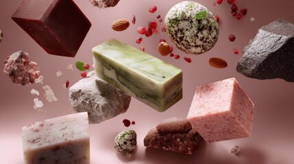 Colorful floating gourmet ice cream and dessert cubes in abstract levitating food concept composition