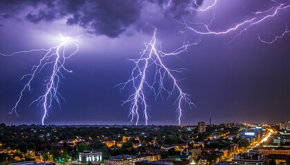 Powerful lightning storm striking over city skyline at night
