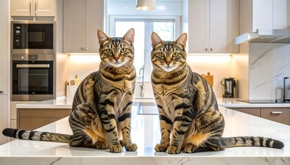 Two cats sitting on a kitchen counter