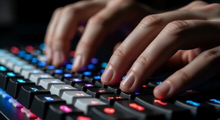 Fototapeta premium Close-up of Hands Typing on RGB Illuminated Mechanical Keyboard in Low Light