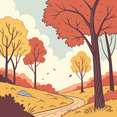 Charming illustration of an autumn landscape with colorful trees and a winding path under a blue sky