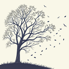 Stylized illustration of a bare tree with falling leaves and birds on a beige background