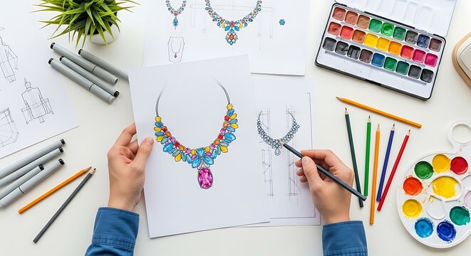 Jewelry designer sketching a colorful necklace with watercolors and pencils on paper in a creative studio setting, showcasing the design process - Powered by Adobe