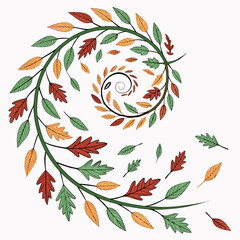 Whimsical illustration of swirling vines with colorful autumn leaves on a white background