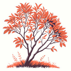 Stylized illustration of a tree with vibrant orange leaves and grass on a white background