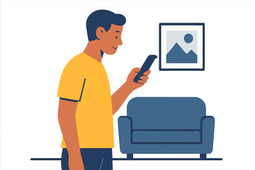 Realistic entrepreneur using mobile phone, sending message, having conversation, viewing news, attractive gentleman in relaxed attire vector flat graphic isolated on transparent backdrop