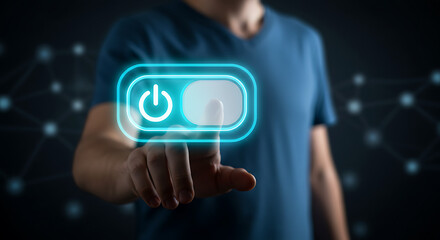 A persons finger is about to press a glowing blue power button on a futuristic digital interface, representing activation and control