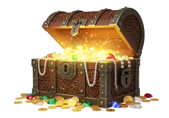 illustration of a treasure chest overflowing with gold coins and colorful jewels on a black