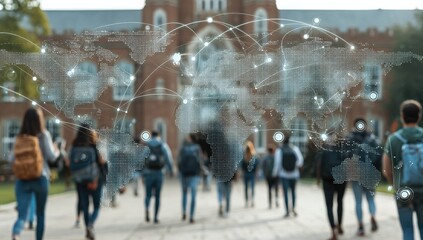 Blurred students walking toward a college building with a world map overlayed