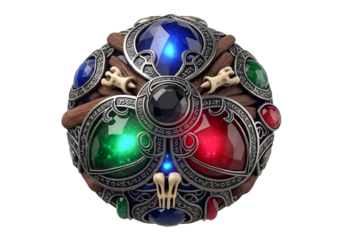Intricate and colorful magical orb with gemstones and ornate metalwork fantasy design