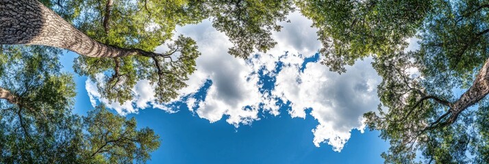 Obraz premium Lush trees canopy meeting a vibrant sky filled with clouds