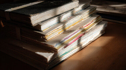 A stack of sketchbooks with frayed corners and taped spines, bookmarks peeking out, raking light emphasizing paper tooth. 