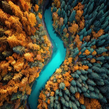River flows through autumn trees, from above. Nature concept. Backdrop usage
