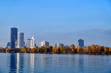 Fototapeta premium Vienna and blue Donau river cityscape, autumn season landscape,Austria
